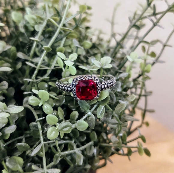 Sterling Silver & Simulated Ruby Ring - Picture 2 of 5